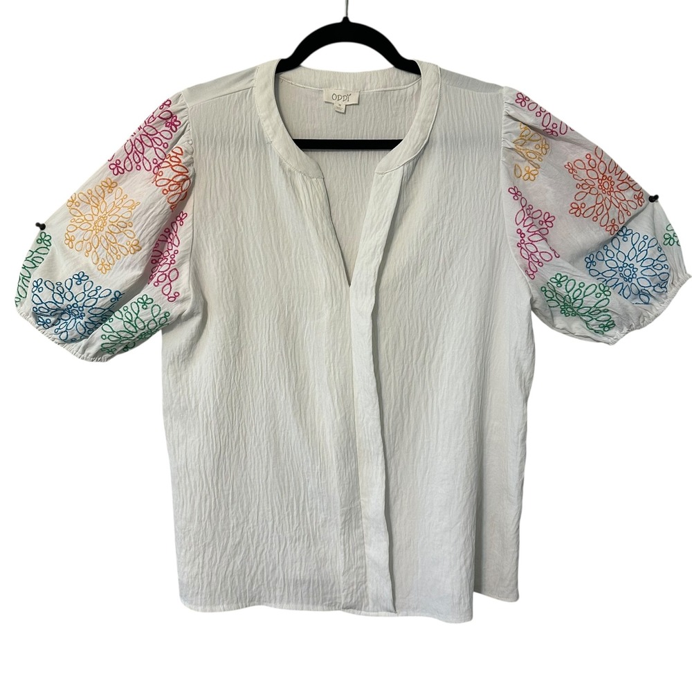 ODDI White Embroidered Puff Sleeve V‎ Neck Blouse Top Women's Medium